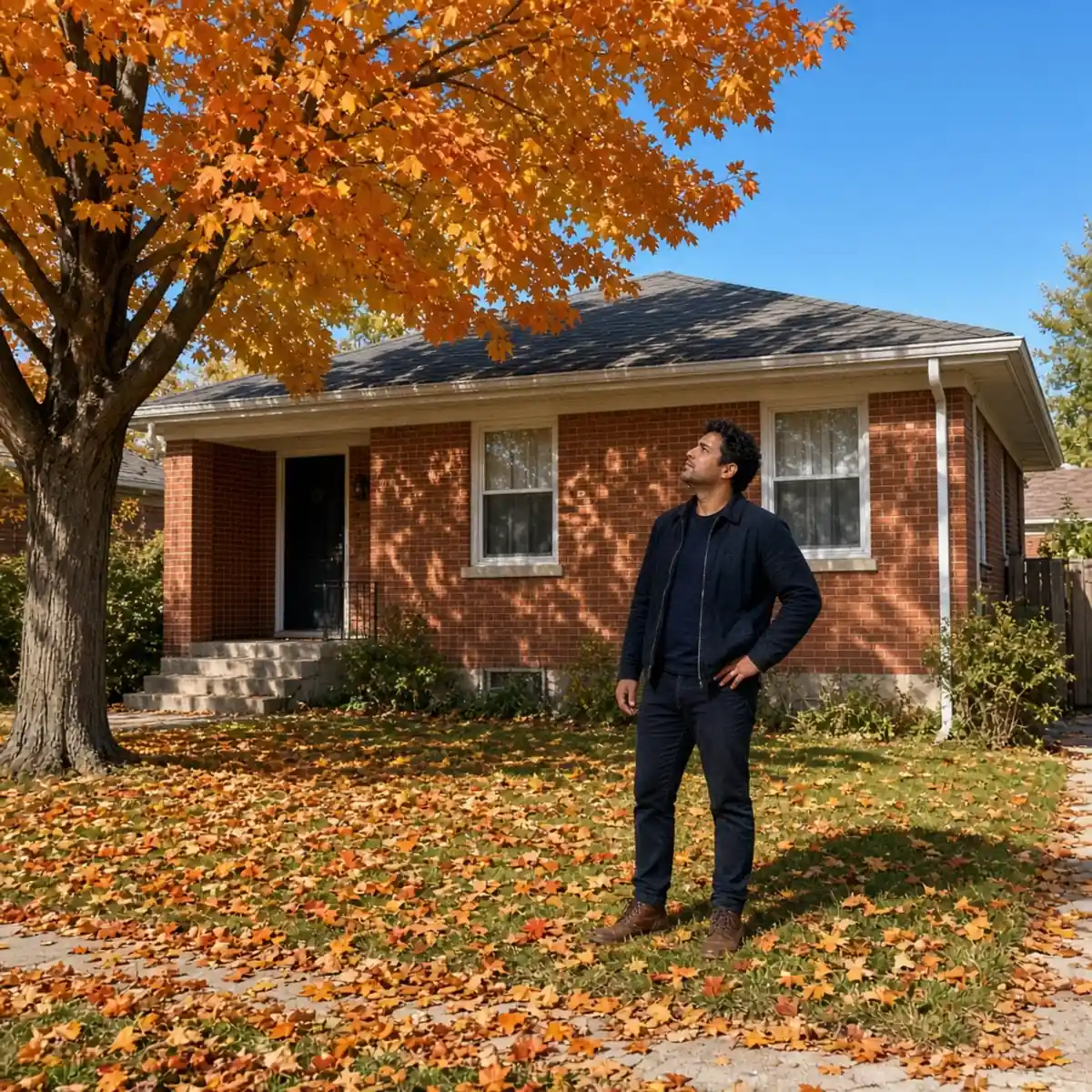 A Chicago-style brick bungalow common across Oak Park, Berwyn and Cicero, with a mature maple dropping leaves