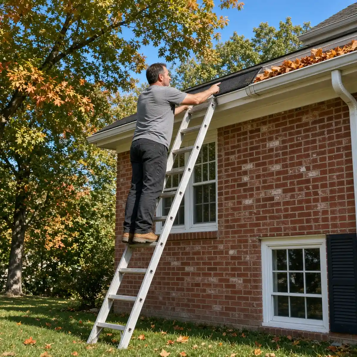 Side-by-side comparison on one Oak Park home: half the gutter fitted with black micro-mesh guard staying clear, half open and filling with leaves