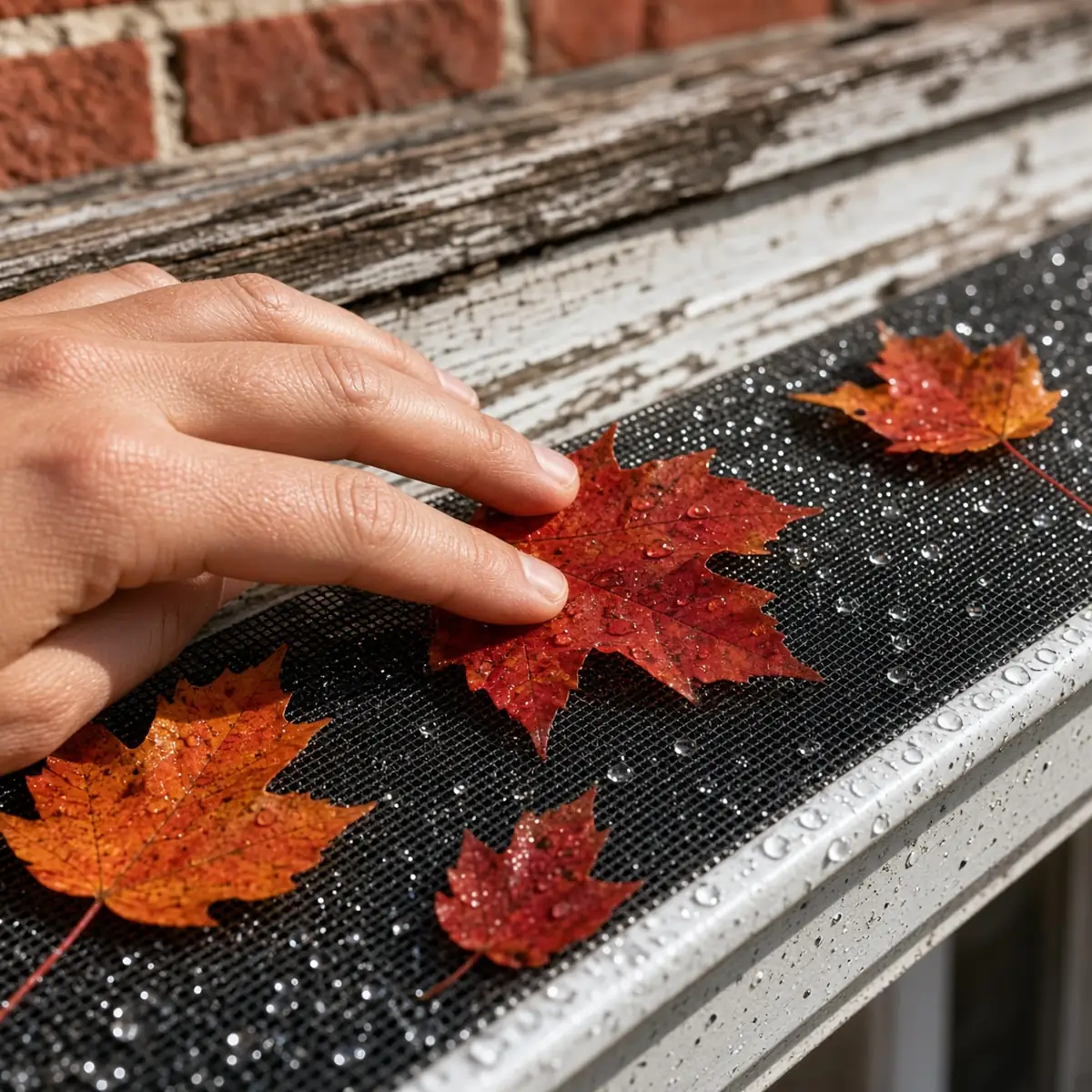 Close-up of a micro-mesh gutter guard over a K-style gutter with maple leaves resting on top and water beading through
