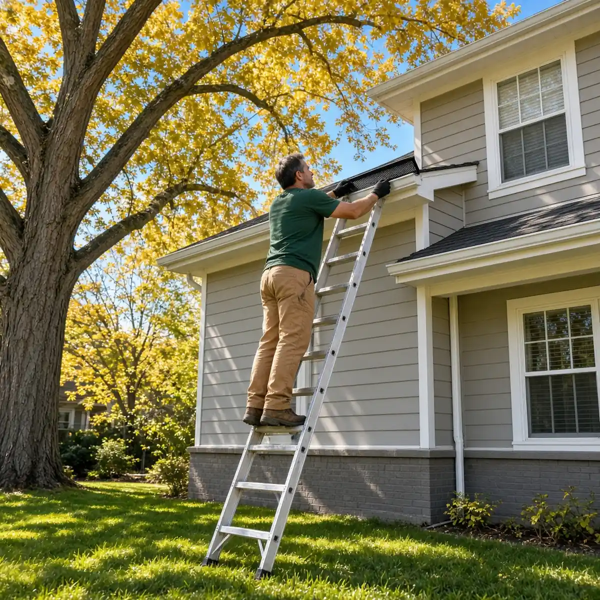 Tradesman fitting a black micro-mesh gutter guard onto a cleaned gutter on a two-story Oak Park home shaded by an elm