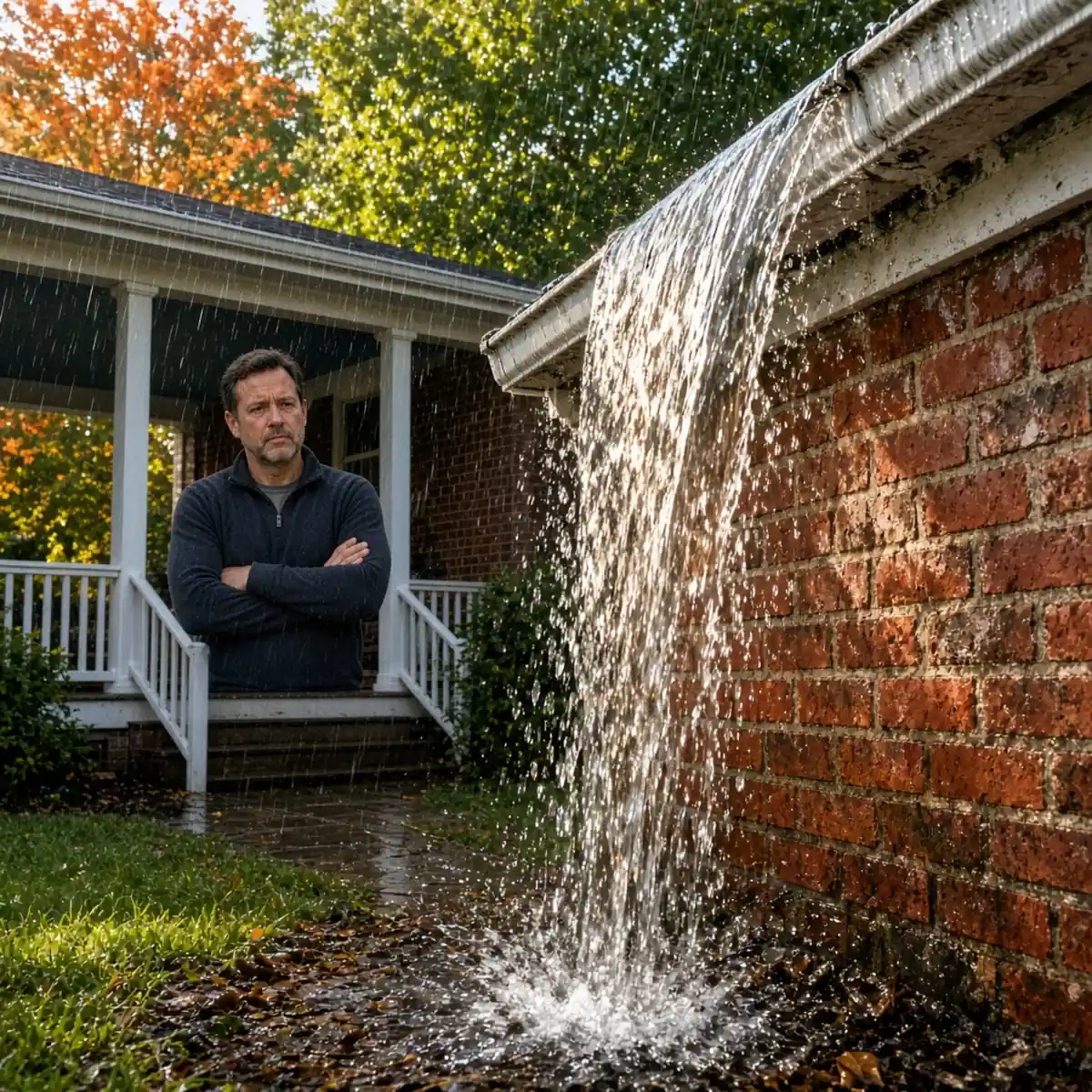 A gutter on an older Oak Park home overflowing in a downpour, water cascading over the front lip down the brick wall
