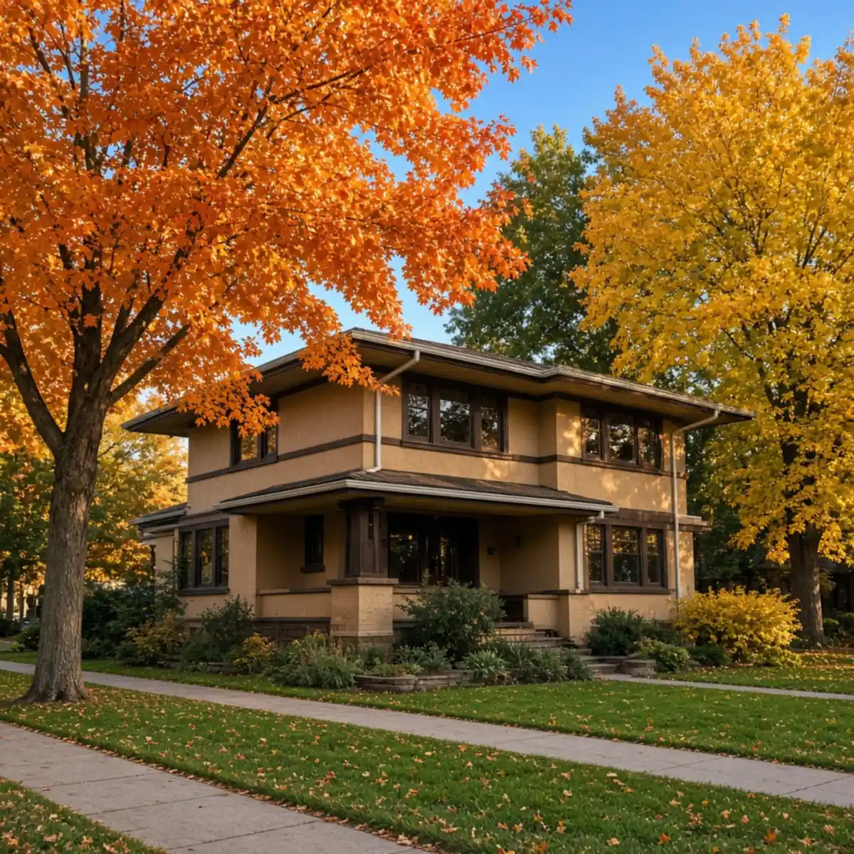 A well-kept two-story Oak Park home in autumn with clean white gutters along the eaves and mature turning trees
