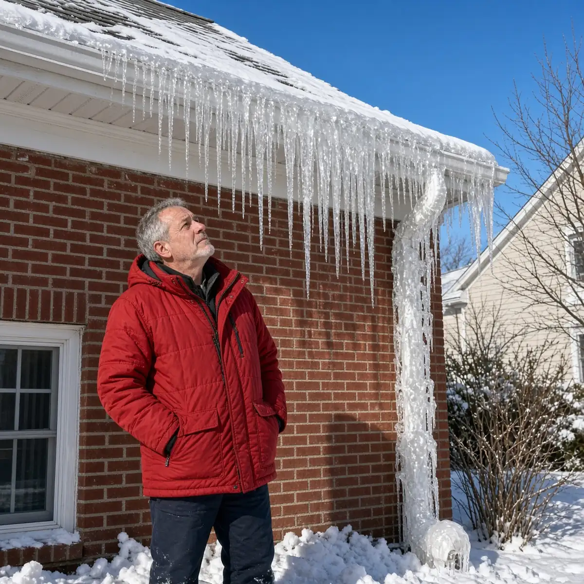 Icicles and a ridge of ice built up along the gutter and eave of an older Oak Park brick home in winter