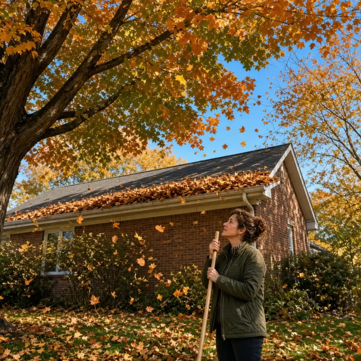 Looking up at the roofline of an Oak Park home under a huge maple and elm, the gutters overflowing with orange and brown leaves