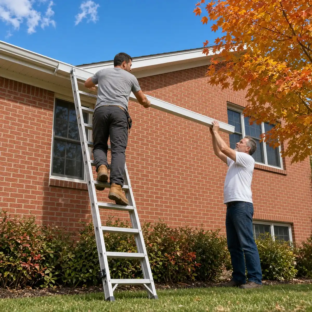 Two installers positioning a seamless aluminum gutter along the eave of a two-story Oak Park brick home