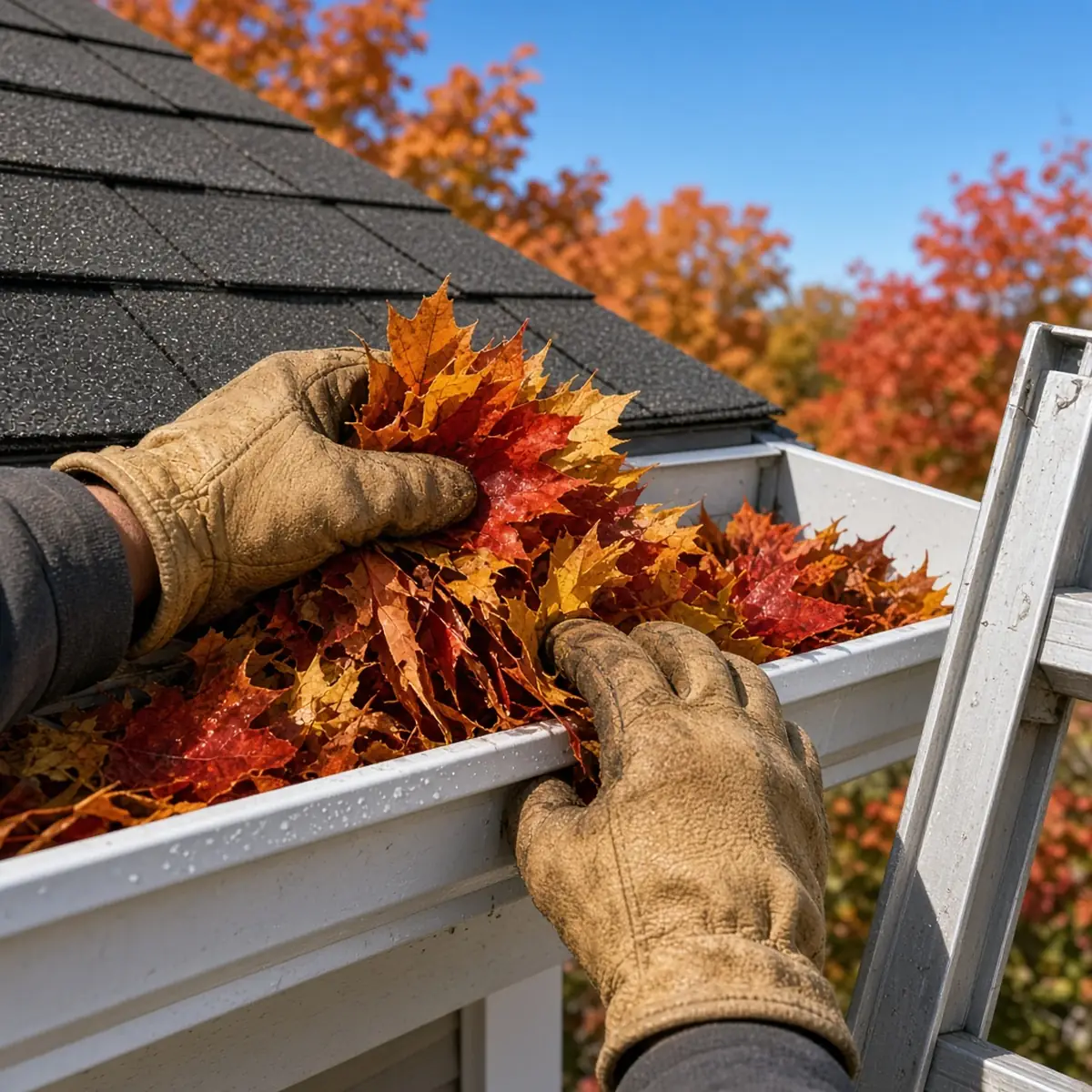 A homeowner on a ladder clearing autumn leaves from the gutter of an older Oak Park home with a leaf bag hanging from the ladder