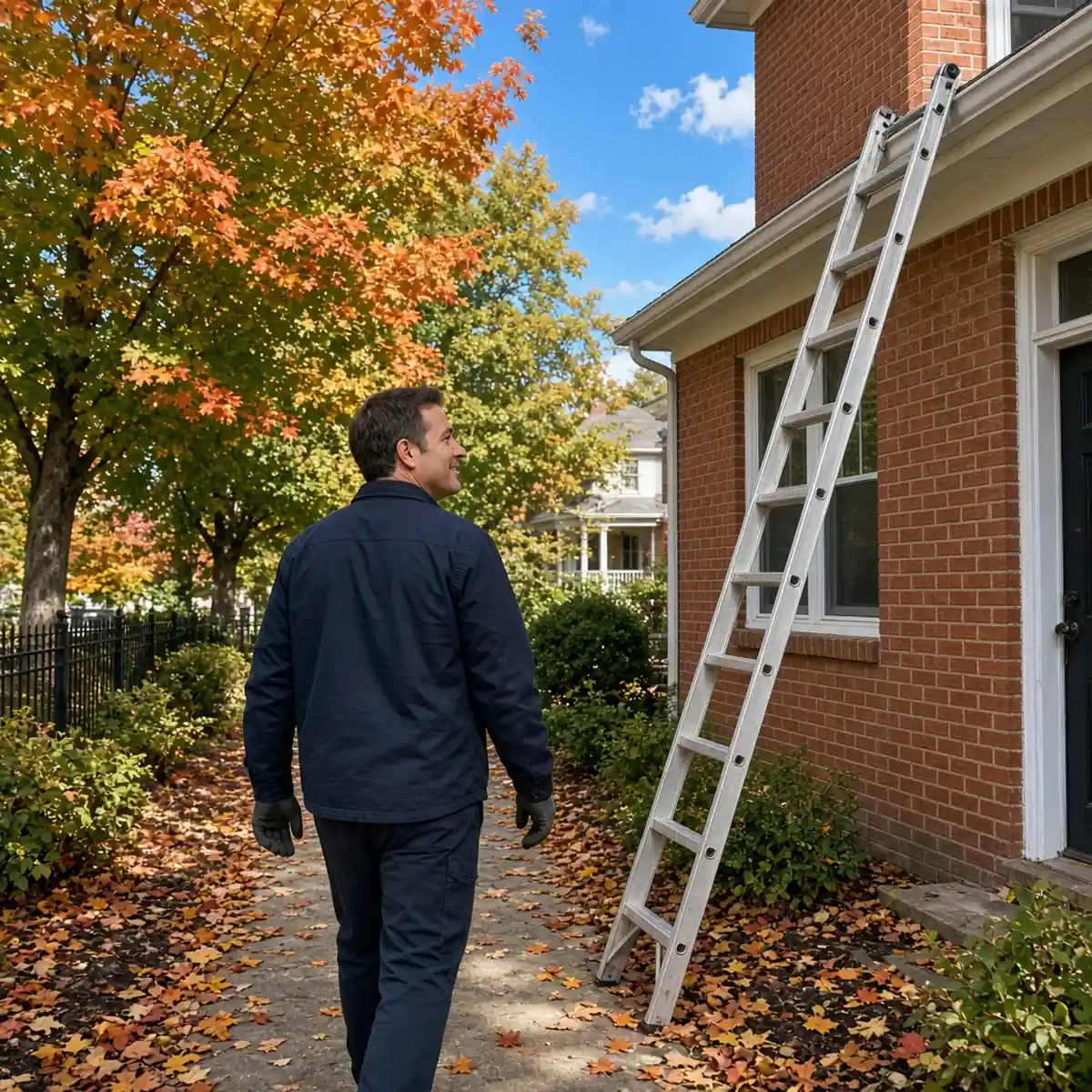 A gutter tradesman carrying an extension ladder up the walk toward an older Oak Park brick home in autumn