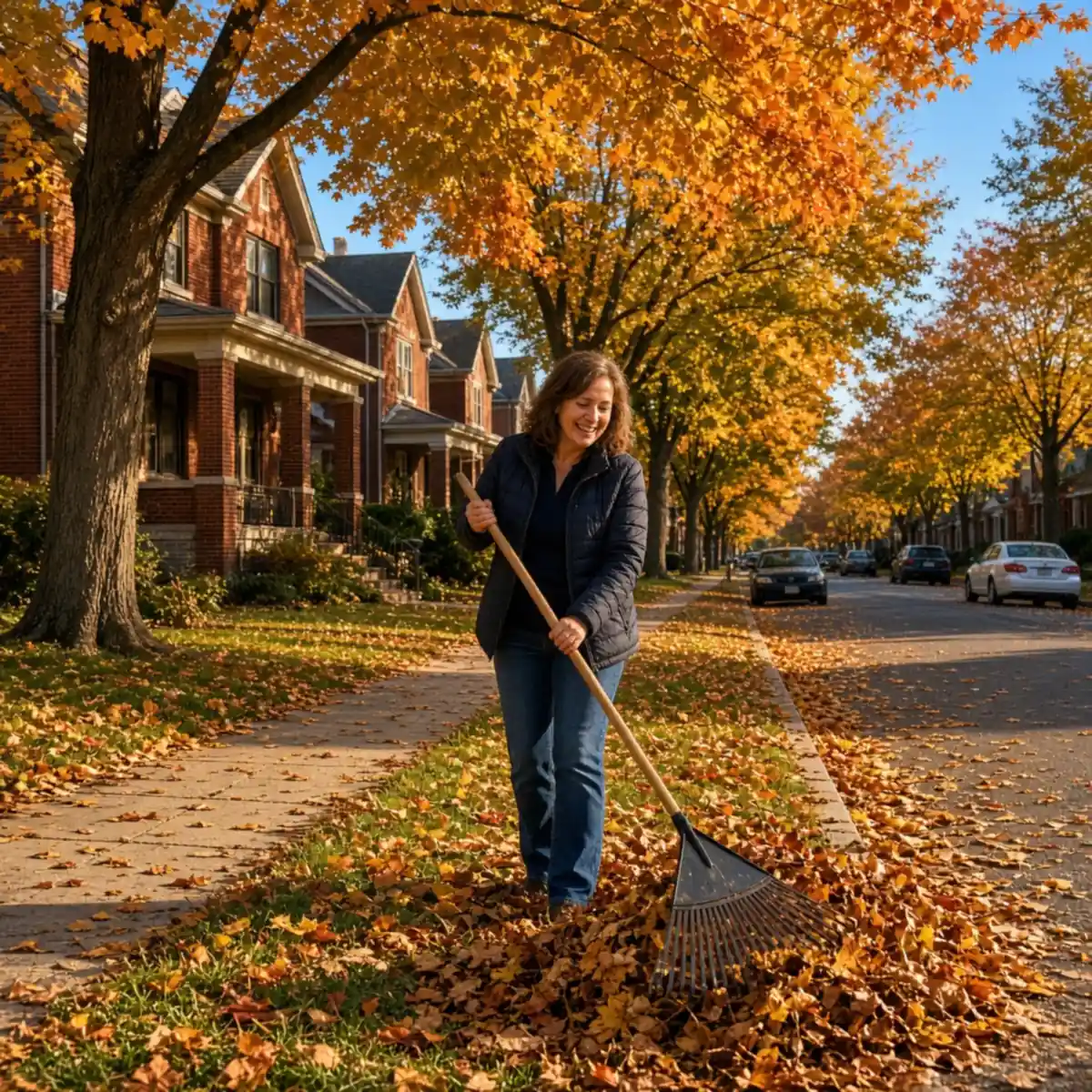 A classic Oak Park residential street in autumn with mature elms and maples arching over the parkway